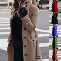 Vintage Solid Color Stand Collar Long Sleeve Duffle Jacket with Belt