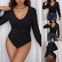 Sexy Solid Color V-neck Long Sleeve Bodysuit