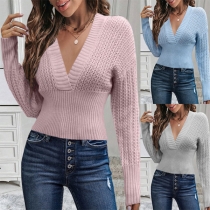Fashion Solid Color V-neck Long Sleeve Crop Sweater