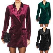 Fashion Notch Lapel Long Sleeve Double-breasted Suit Dress