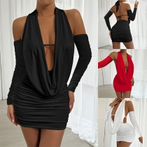 Sexy Halterneck Backless Draped V-neck Long Sleeve Ruched Bodycon Dress