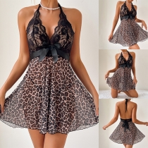 Sexy Lace Spliced Leopard Printed Bowknot Backless Nightwear Dress