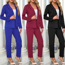 Fashion Solid Color Two-piece Suit Set Consist of Lapel Blazer and Pants