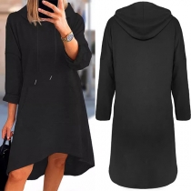 Casual Solid Color Drawstring Hooded Long Sleeve High-low Hemline Sweatshirt Dress