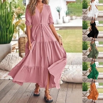 Casual Solid Color V-neck Elbow Sleeve Tiered Midi Dress
