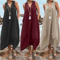 Comfy V-neck Sleeveless Back Lace-up Loose Cotton and Linen Beach Dress