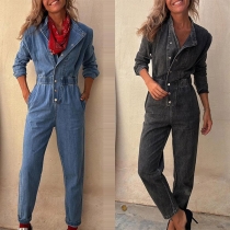 Street Fashion Lapel Long Sleeve Front Button Elastic Waist Old-washed Denim Jumpsuit