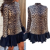 Fashion Leopard Printed Long Sleeve Ruffle Hemline Mini Dress