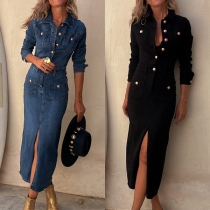 Fashion Stand Collar Long Sleeve Front Button Slit Midi Denim Dress