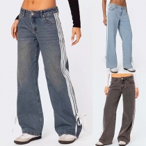 Street Fashion Side Stripe Printed Low-rise Old-wash Loose Denim Jeans