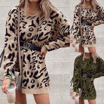 Fashion Leopard Printed Crew Neck Long Sleeve Sweater Dress