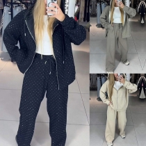 Street Fashion Rhinestone Sporty Two-piece Set Consist of Hooded Jacket and Drawstring Sweatpants