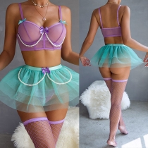 Sexy Contrast Color Pearl Bowknot Two-piece Lingerie Set with Mesh-net Socks