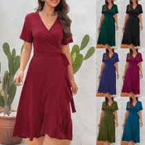 Fashion V-neck Short Sleeve Ruffle Hemline Wrap Dress