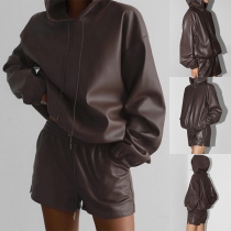 Street Fashion Artificial Leather PU Two-piece Set Consist of Drawstring Hooded Shirt and Shorts