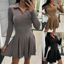 Fashion Stand Collar V-neck Long Sleeve Ruffle Hemline Mini Dress