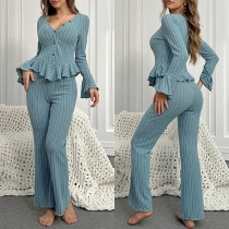 Fashion Ribbed Two-piece Set Consist of Ruffle Shirt and Straight-cut Pants