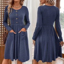 Fashion Crew Neck Long Sleeve Front Button Patch Pockets Mini Dress