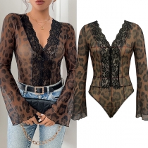 Sexy Leopard Printed Lace Spliced V-neck Long Sleeve Semi-through Gauze Bodysuit
