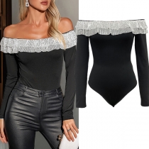 Sexy Ruffle Lace Spliced Off-the-shoulder Long Sleeve Bodysuit