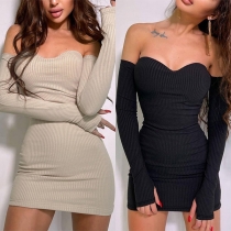 Sexy Strapless Sweetheart Neck Long Sleeve Ribbed Bodycon Dress