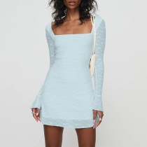 Fashion Square Neck Long Sleeve Texture Bodycon Dress
