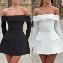 Sexy Off-the-shoulder Long Sleeve Patch Pocket Mini Dress