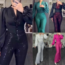 Fashion Sequined Two-piece Set Consist of V-neck Shirt and Wide-leg Pants