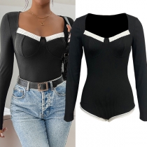 Sexy Contrast Color Sweetheart Neckline Long Sleeve Ribbed Bodysuit