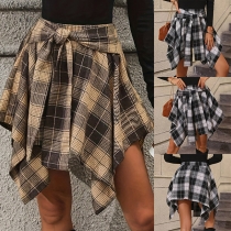 Street Fashion Plaid Self-tie Irregular Hemline Skirt