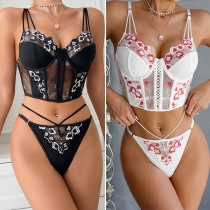Sexy Contrast Color Floral Embroidery Lace-up Two-piece Lingerie Set