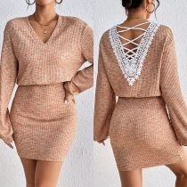 Fashion V-neck Long Sleeve Back Lace Spliced Lace-up Backless Bodycon Dress
