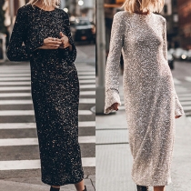Sexy Bling-bling Sequin Crew Neck Long Sleeve Backless Dress