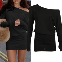Sexy Slant Shoulder Long Sleeve Bodycon Dress