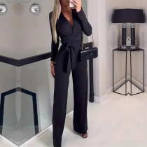 Fashion V-neck Long Sleeve Self-tie Straight-cut Jumpsuit