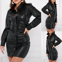 Fashion Polo Neck Long Sleeve Front Button Ruched Artificial Leather PU Bodycon Dress
