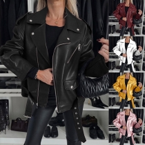 Street Fashion Notch Lapel Long Sleeve Slant Artificial Leather PU Jacket with Belt