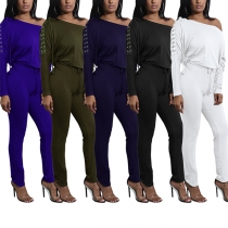 Fashion Slant Shoulder Lace-up Long Sleeve Drawstring Waist Jumpsuit