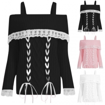 Fashion Lace Spliced Off-the-shoulder Lace-up Long Sleeve Knitted Sweater