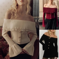 Sexy Ruffle Off-the-shoulder Trumpet Long Sleeve Front Button Shirt