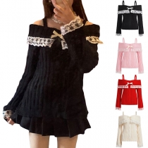 Fashion Lace Spliced Off-the-shoulder Bowknot Long Sleeve Knitted Sweater