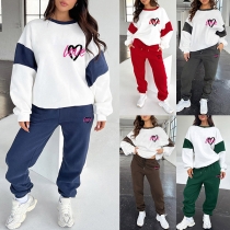 Fashion Contrast Color Heart Printed Sporty Two-piece Set Consist of Sweatshirt and Sweatpants