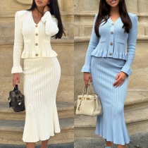 Elegant Knitted Two-piece Set Consist of Ruffle Cardigan and Fishtail Skirt