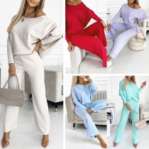 Fashion Solid Color Two-piece Set Consist of Slant Shoulder Sweatshirt and Straight-cut Sweatpants