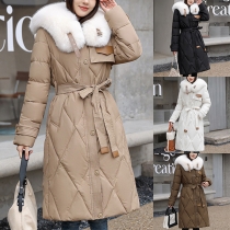 Fashion Artificial Fur Spliced Collar Long Sleeve Self-tie Quilted Longline Coat
