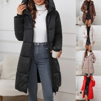 Fashion Solid Color Long Sleeve Quilted Hooded Longline Coat