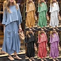 Casual Solid Color Two-piece Set Consist of Shirt and Skirt with Patch Pockets