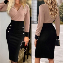 Elegant Contrast Color V-neck Long Sleeve Double-breasted Bodycon Dress