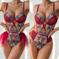 Vintage Floral Embroidery Cross-criss Gauze Spliced Lingerie Bodysuit