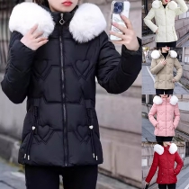 Fashion Plush Spliced Stand Collar Long Sleeve Heart Pattern Quilted Jacket